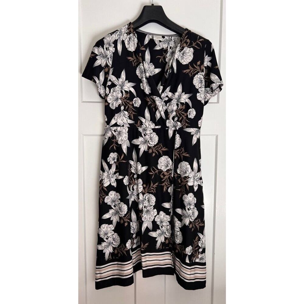 Soma Womens A Line Dress Black Neutral Floral Pockets Surplice Short Sleeve MED